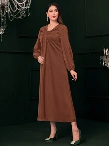 Mulvari Solid Color Ruffled Design Arabic Clothing - Coffee Brown - View 4