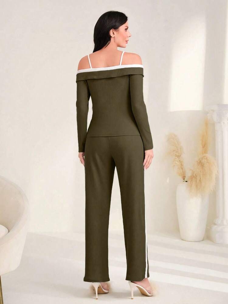Off Shoulder Top And Pants Set With Contrast Trim 2 Piece Set