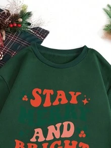 SHEIN EZwear Quý cô Lá thư In Lót nhiệt Áo nỉ - Màu xanh lá cây đậm - Xem 3