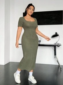 SHEIN EZwear Plus Scoop Neck Ribbed Knit Bodycon Dress - Green - View 3