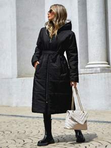 EURMUSE Zipper Front Hooded Padded Jacket With Side Pockets - Black - View 5