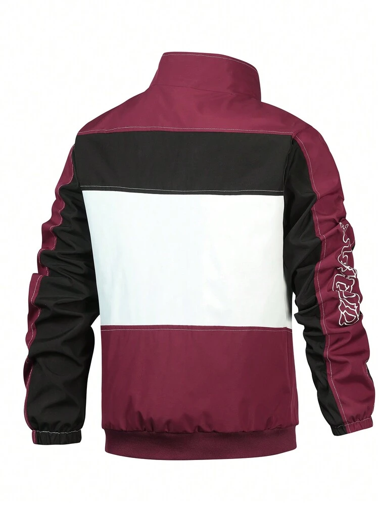 Men's Loose Fit Letter Embroidery Colorblock Zipper Jacket
