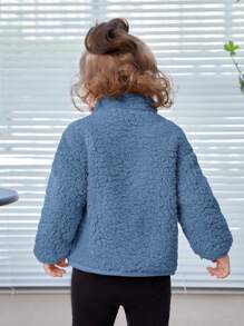 SHEIN Baby Girl Letter Patched Dual Pocket Drop Shoulder Teddy Sweatshirt - Blue - View 2