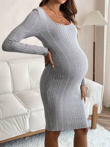 SHEIN Thai sản Scoop Cổ Đồ đan Ribbed Váy bodycon - Xám - Xem 3