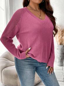 SHEIN Franclia Hơn Tay Raglan Dệt kim chấm bi Áo len - Đỏ - Xem 5