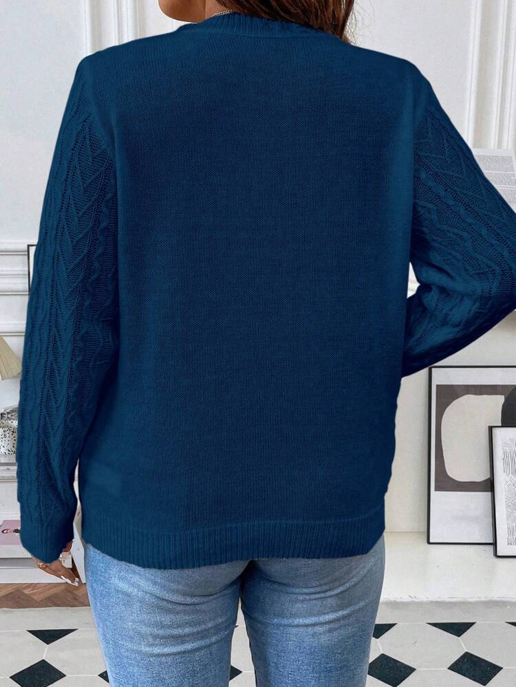 Plus Contrast Guipure Lace Drop Shoulder Sweater, For Winter Knit Pullover Fall Sweater