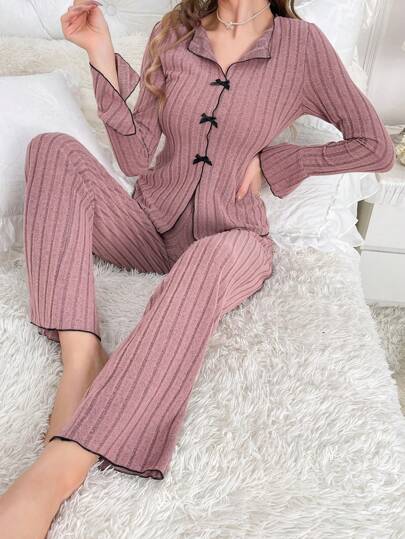 Roze Rib Knit Neck Button Front Pajama Set Cozy Elegante s, Fall Clothes view 6
