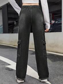 SHEIN Thiếu niên cô gái Túi nắp bên cạnh Quần jean chở hàng - màu đen - Xem 2