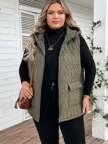 EMERY ROSE 加大號帶口袋連帽背心棉袍外套 - 軍綠色 - 查看 5