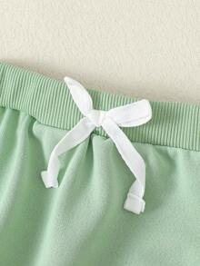 2 件套女婴优雅甜美可爱透气字母印花运动衫和运动裤套装，适合休闲、日常、度假、派对 - 綠色 - 查看 4