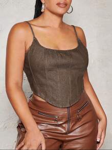 SHEIN BAE Plus Curved Hem Denim Cami Top - Brown - View 1