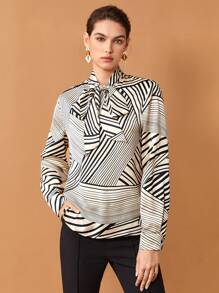 BizChic 女式黑白条纹系带蝴蝶结衬衫，长袖图案衬衫，优雅的办公室/休闲装