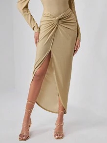 VALERIA GÓMEZ Designer 1pc Twist Front Split Thigh Elegant Skirt, Women Elegant Skirt, For Summer, Holiday, Party, New Year Eve
