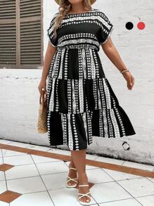 Breezaya Plus Geo Print Batwing Sleeve Ruffle Hem Dress - Black and White - View 1