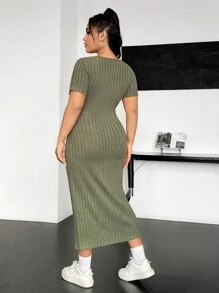 SHEIN EZwear Plus Scoop Neck Ribbed Knit Bodycon Dress - Green - View 2