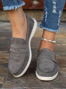 Women's Slip-on Loafers, Gray Formal Shoes With Open Top Strap Decoration, Flat Heel