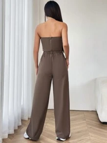 Muchica Ladies' Solid Color Strapless Top And Straight Leg Pants 2pcs Set - Brown - View 2