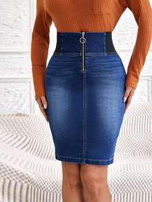 SHEIN LUNE 女式牛仔裙 - 深色水洗藍 - 查看 3