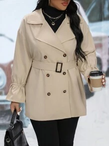 Calvaya Hơn Đôi ngực tay áo lá sen Thắt lưng Áo khoác Trench - Màu Khaki - Xem 1