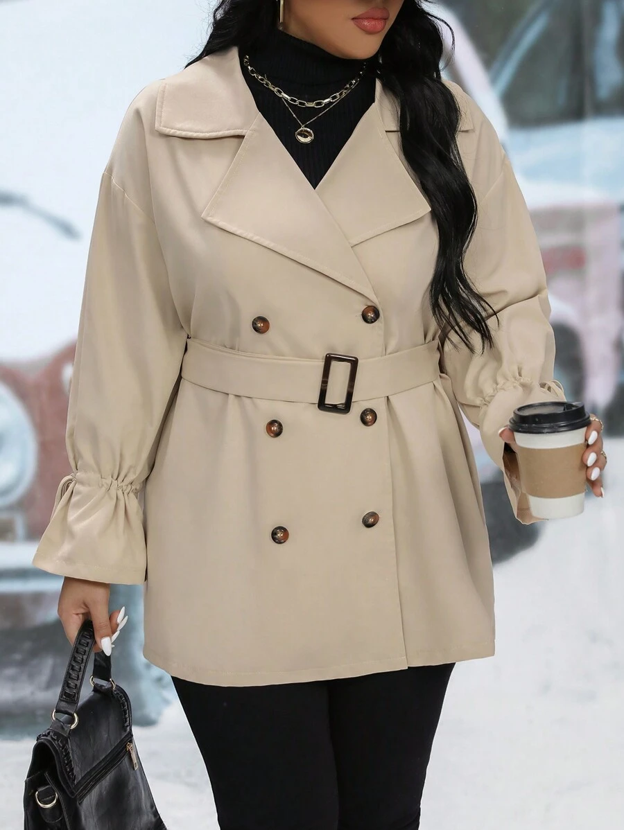 Calvaya Hơn Đôi ngực tay áo lá sen Thắt lưng Áo khoác Trench - Màu Khaki - Xem 1