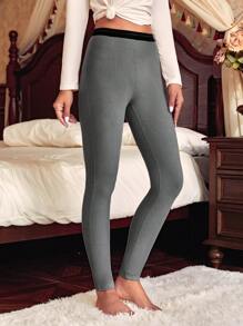 Pantalones largos térmicos de mujer de color gris oscuro liso con estiramiento medio y ribete de contraste - Gris Oscuro - Ver 3