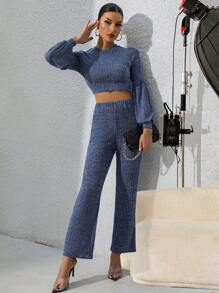 Chiquease 燈籠袖短款上衣&喇叭褲 - 藍色 - 查看 3