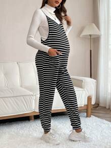 SHEIN Maternity Striped Print Overall Jumpsuit Without Tee - Black and White - View 1