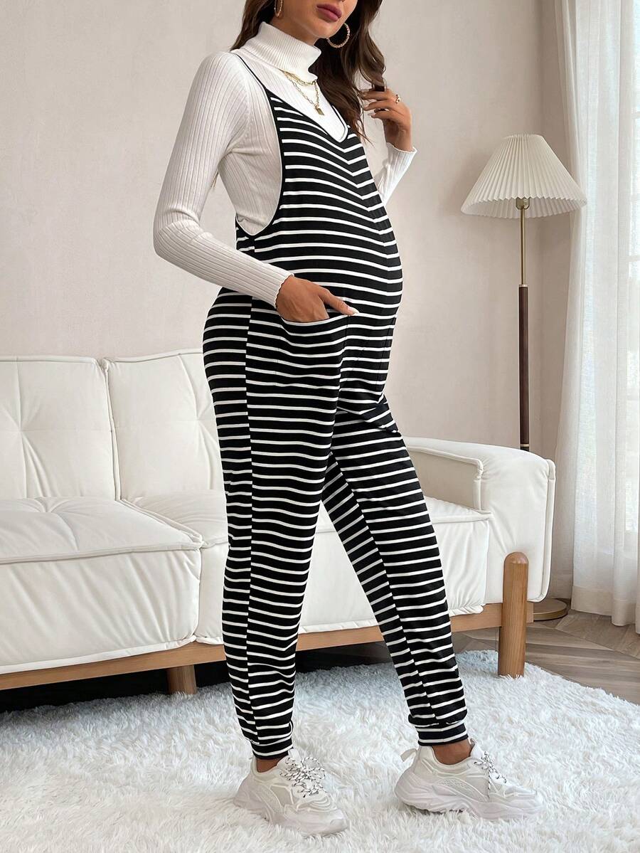 SHEIN Maternity Striped Print Overall Jumpsuit Without Tee - Black and White - View 1