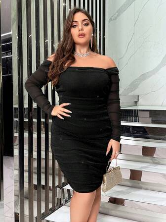 SHEIN Privé 女士plus尺碼露肩拼網紗收口閃爍緊身連衣裙