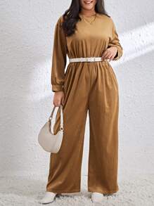 SHEIN Essnce Plus Size Velvet Loose Jumpsuit - Khaki - View 4
