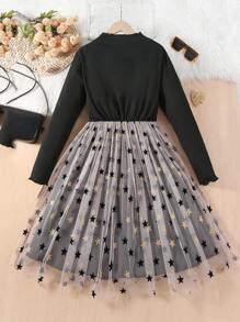 Thiếu niên cô gái Ngôi sao Lớp phủ lưới Cổ giả Đầm - màu đen - Xem 2