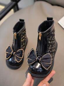 孩子們靴子適合女孩帶蝴蝶結,金色鏈條和拉鍊裝飾用品 - 黑色 - 查看 2