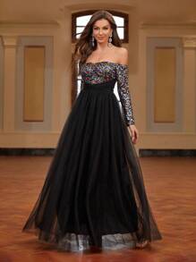 SHEIN Belle 女士閃亮亮鱗片人魚晚禮服,露肩設計,優雅的舞會禮服 - 黑色 - 查看 5