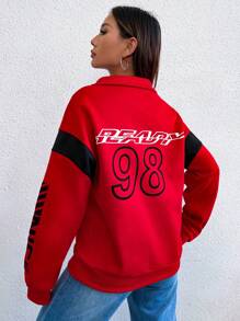 SHEIN Unity Letter Graphic Half Zip Drop Shoulder Sweatshirt - Red - View 5