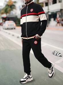 Men's Contrast Color Stand Collar Jacket And Trousers Outfit - Black - View 1