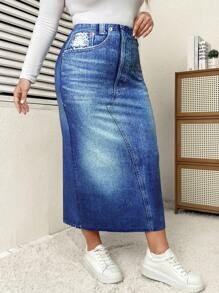 SHEIN Essnce 大尺寸春夏款休閒牛仔效果裙 - 藏蓝色 - 查看 3