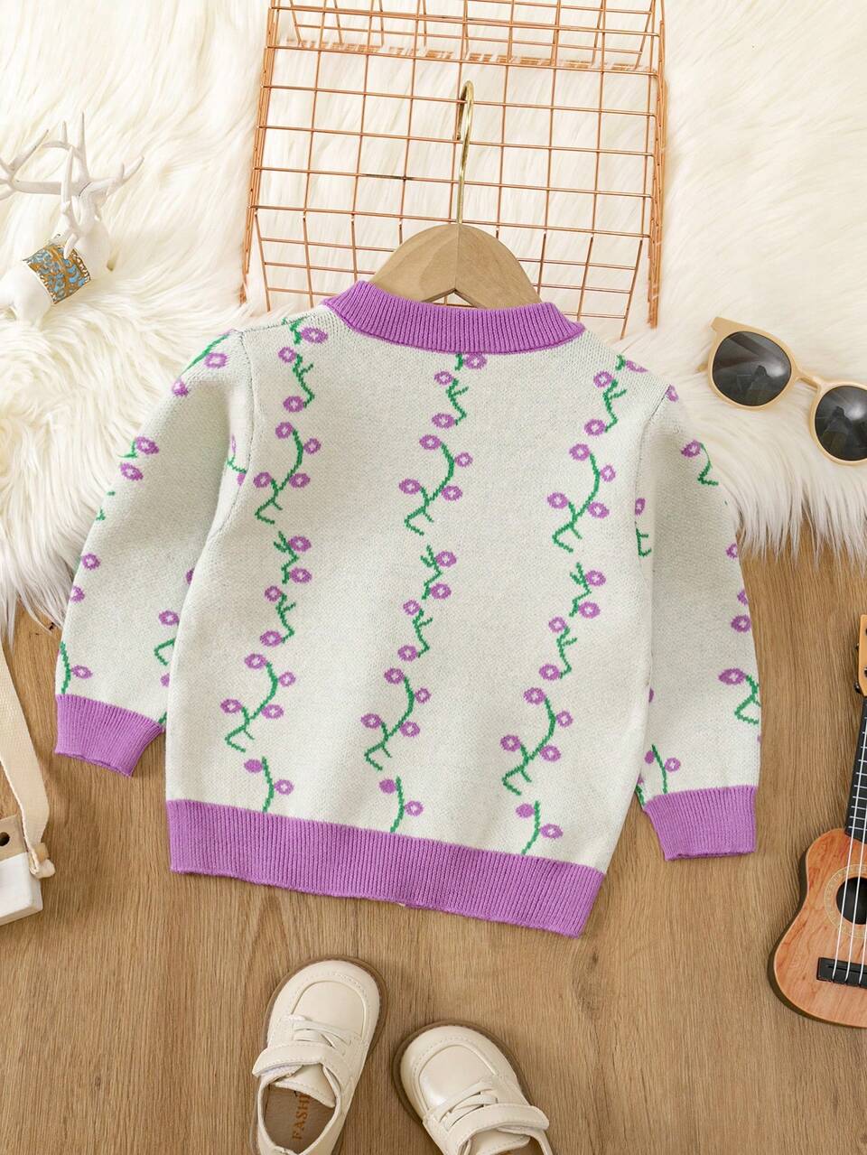 Baby Girl Floral Pattern Ruffle Trim Cardigan