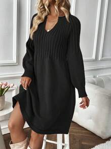 SHEIN LUNE Của phụ nữ Tay áo lồng đèn Đầm Với Chải Đường viền cổ chữ V - màu đen - Xem 3