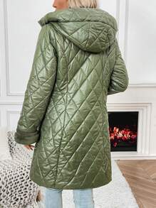 Chiquease 女士拉链前连帽菱形格纹绗缝加厚棉服外套冬季 - 軍綠色 - 查看 2