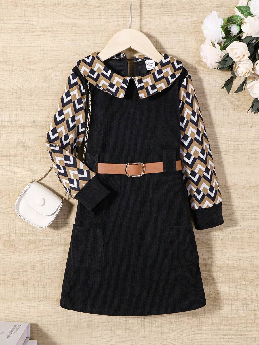 SHEIN Vestido Casual Listrado Com Gola Peter Pan Para Meninas Pequenas