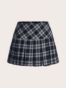SHEIN MOD Plaid Print Pleated Skirt - Blue - View 1