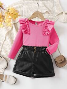 SHEIN Little Girls' Lettuce Hem Embellished Top And Faux Leather Shorts Set - Multicolor - View 1