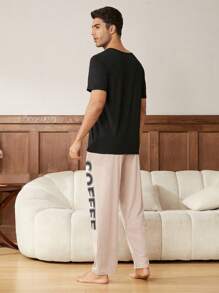 English Print Men's Short Sleeve And Long Pants Set - Black - View 3