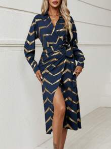 SHEIN Clasi Gold Chevron Print Knot Side Wrap Dress - Navy Blue - View 5