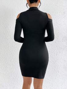 SHEIN Essnce Contrast Lace Cold Shoulder Bodycon Dress - Black - View 2