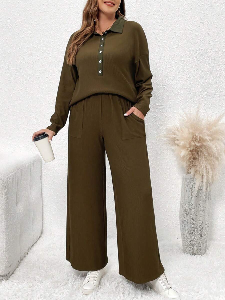 SHEIN LUNE Bộ áo phông hở vai trơn cài nút nửa xẻ tà cỡ lớn dành cho nữ và quần ống rộng - Cà phê nâu - Xem 1