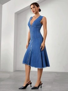 SHEIN Essnce 女士性感修身高腰無袖牛仔裙 - 中等水洗藍 - 查看 5