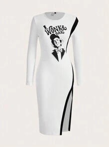 Willy Wonka and the Chocolate Factory X SHEIN Letter & Figure Graphic Split Thigh Dress