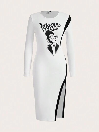 Willy Wonka and the Chocolate Factory X SHEIN Letter & Figure Graphic Split Thigh Dress
