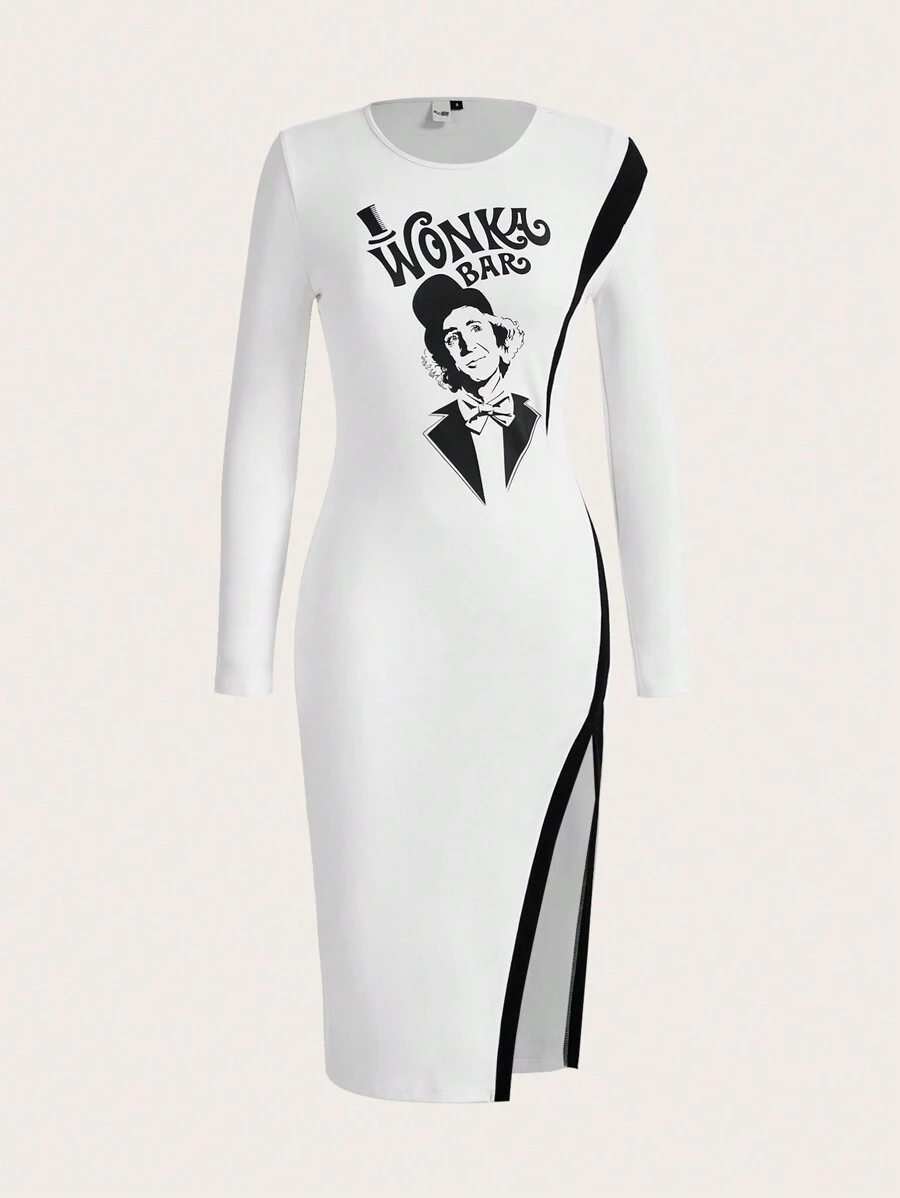 Willy Wonka and the Chocolate Factory X SHEIN Letter & Figure Graphic Split Thigh Dress